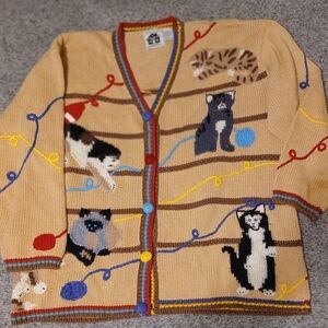 Storybook Knits Beige Cat Motif Cardigan with Multicolor Accents
